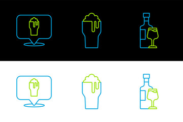 Poster - Set line Wine bottle with glass, Alcohol or beer bar location and Glass of icon. Vector