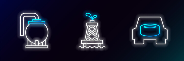 Poster - Set line Spare wheel in the car, Oil tank storage and rig icon. Glowing neon. Vector