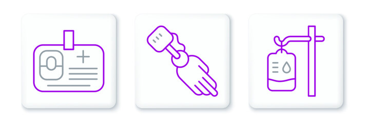 Poster - Set line IV bag, Identification badge and Prosthesis hand icon. Vector