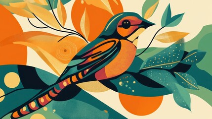 Poster - Colorful bird perched on branch amidst stylized foliage and abstract shapes.