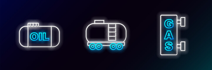 Poster - Set line Gas filling station, Oil tank storage and railway cistern icon. Glowing neon. Vector