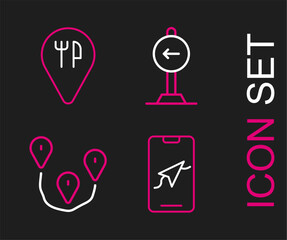 Poster - Set line City map navigation, Route location, Traffic sign turn left and Cafe and restaurant icon. Vector