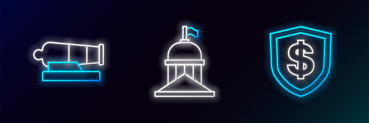 Poster - Set line Shield with dollar, Cannon and White House icon. Glowing neon. Vector