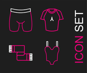 Poster - Set line Swimsuit, Winter scarf, T-shirt and Cycling shorts icon. Vector
