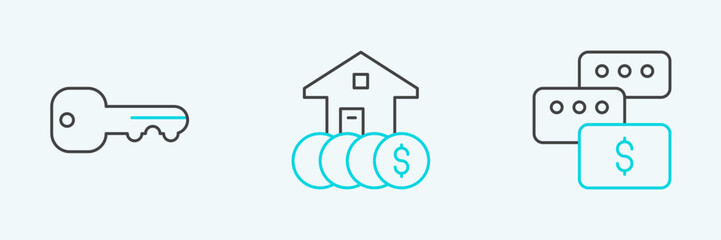 Poster - Set line Price negotiation, House key and with dollar icon. Vector