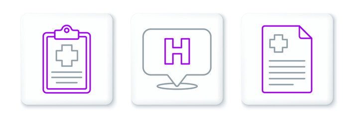 Poster - Set line Patient record, and Location hospital icon. Vector