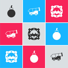 Poster - Set Bomb ready to explode, Cannon and Ship porthole with seascape icon. Vector