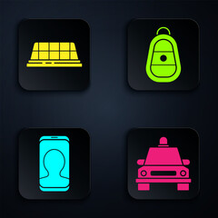Poster - Set Taxi car, Taxi car roof, Taxi call telephone service and Car key with remote. Black square button. Vector