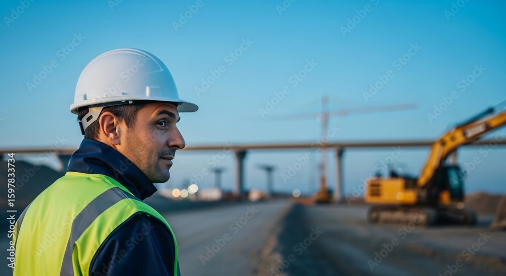 Construction worker in safety gear on site with excavator, hardhat, vest. Infrastructure development, urban planning, roadwork engineering, industrial safety projects.