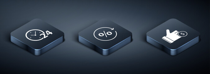 Aufkleber - Set Isometric Clock 24 hours, Hand holding coin and Discount percent tag icon. Vector