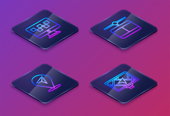Poster - Set Isometric line Computer call taxi service, Location, Cable car and Gps device with map. Blue square button. Vector