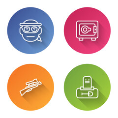 Poster - Set line Bandit, Safe, Sniper rifle with scope and Grave tombstone. Color circle button. Vector
