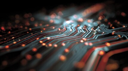 Poster - Light trails illuminate an electronic circuit board, creating a mesmerizing technological abstract with shifting focus and dynamic light patterns