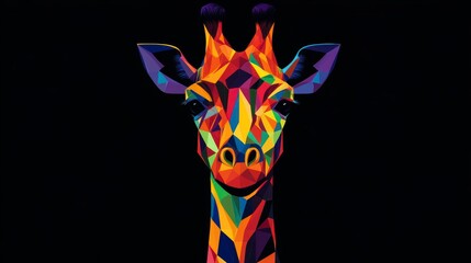 Poster - Colorful geometric giraffe portrait against a black background.