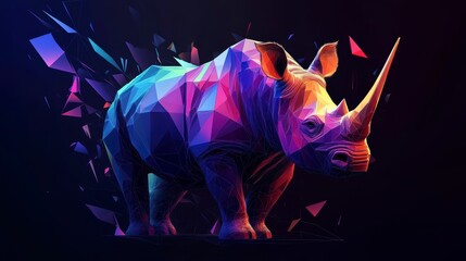 Poster - Vibrant low-poly rhino illustration against dark background.