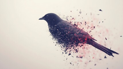 Poster - Abstract black bird disintegrating into red and black particles against a white background.