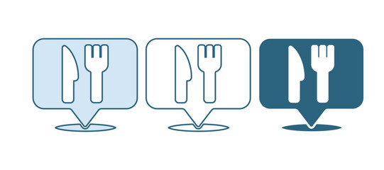 Poster - Blue Cafe and restaurant location icon isolated on white background. Fork and spoon eatery sign inside pinpoint. Vector.