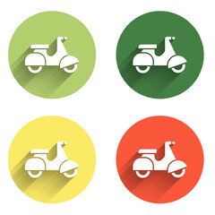 Poster - Set Scooter delivery icon isolated with long shadow background. Delivery service concept. Color circle button. Vector