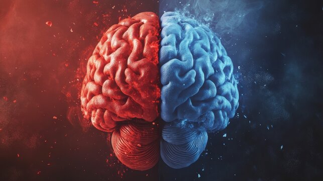 A 3D rendering of a human brain split into two halves, one red and one blue, symbolizing contrasting ideas or emotions.