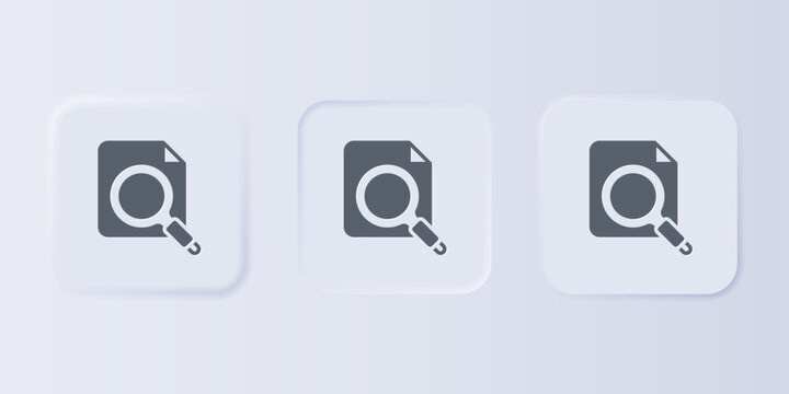 Grey Search concept with folder icon isolated on grey background. Magnifying glass and document. Data and information sign. Set icons in square buttons. Vector
