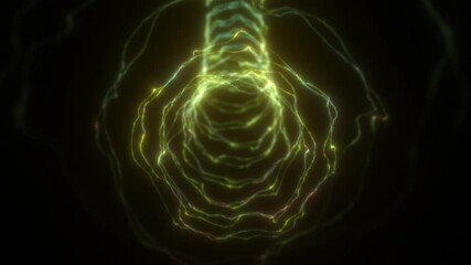 Poster - Abstract yellow-green digital waves swirling into a tunnel shape, suggesting data flow, light transmission, or energy fields