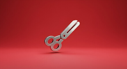 Poster - Elegant silver scissors on a vibrant red background ideal for design concepts