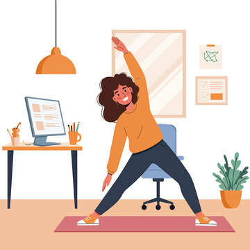 A smiling woman practices yoga in her home office, stretching and reaching.