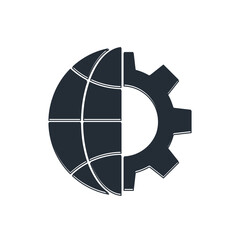 Poster - Black Globe of the Earth and gear or cog icon isolated on white background. Setting parameters. Global Options. Vector