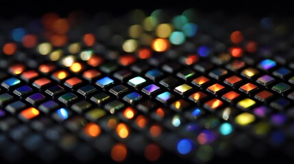 Poster - Precision robotics dynamically adjusting advanced optical components. Creating vibrant color shifts and intricate patterns across illuminated metalens surface. Highlighting nanotechnology engineering