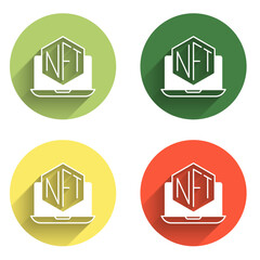 Aufkleber - Set Laptop with art store app icon isolated with long shadow background. Technology of selling NFT tokens for cryptocurrency. Non fungible token concept. Color circle button. Vector