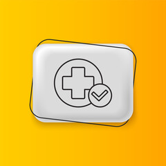 Poster - Black Cross hospital medical icon isolated on yellow background. First aid. Diagnostics symbol. Medicine and pharmacy sign. Silver rectangle button. Vector