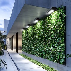 Poster - Exterior modern building featuring a large green wall and lighting fixtures