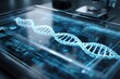 © Ameen - A luminous DNA strand is displayed on a digital screen, showcasing genetic research and scientific advancement with a modern, technological aesthetic and intricate detail.