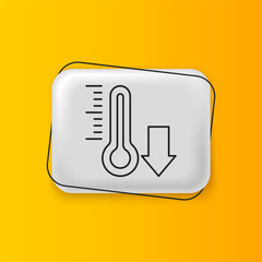 Poster - Black Meteorology thermometer measuring icon isolated on yellow background. Thermometer equipment showing hot or cold weather. Silver rectangle button. Vector