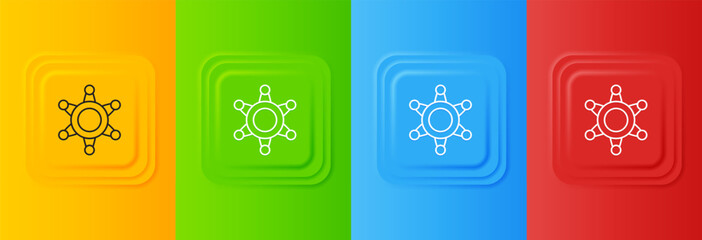 Poster - White Hexagram sheriff icon isolated on colorful background. Police badge icon. Set icons in square buttons. Vector