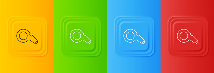 Poster - White Whistle icon isolated on colorful background. Referee symbol. Fitness and sport sign. Set icons in square buttons. Vector