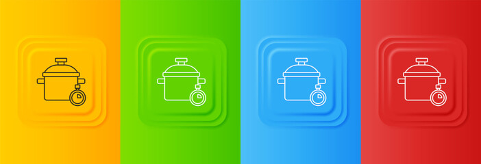 Poster - White Cooking pot icon isolated on colorful background. Boil or stew food symbol. Set icons in square buttons. Vector