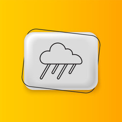Poster - Black Cloud with rain icon isolated on yellow background. Rain cloud precipitation with rain drops. Silver rectangle button. Vector