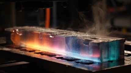 Poster - Transparent wax block experiencing gradual heat treatment, transforming from solid to liquid state while revealing intricate phase transition characteristics on specialized industrial machinery