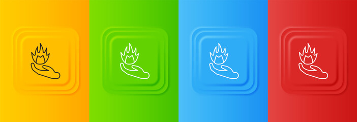 Fototapete - White Hand holding a fire icon isolated on colorful background. Set icons in square buttons. Vector