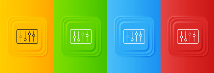 Poster - White Sound mixer controller icon isolated on colorful background. Dj equipment slider buttons. Mixing console. Set icons in square buttons. Vector