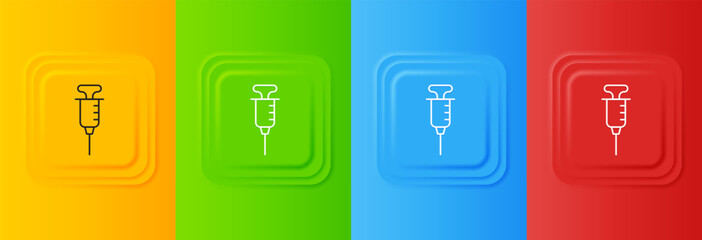 Poster - White Syringe icon isolated on colorful background. Syringe for vaccine, vaccination, injection, flu shot. Medical equipment. Set icons in square buttons. Vector