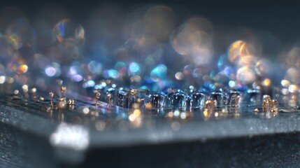 Poster - Molten metallic alloy glistening across photonic interposer surface. Smoothly fusing with underlying materials and forming precise solder joint during advanced microelectronics manufacturing process