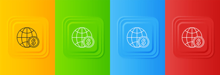Poster - White Earth globe with dollar symbol icon isolated on colorful background. World or Earth sign. Global internet symbol. Geometric shapes. Set icons in square buttons. Vector