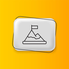 Poster - Black Mountains with flag on top icon isolated on yellow background. Symbol of victory or success concept. Goal achievement. Silver rectangle button. Vector
