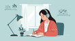 © IBEN - Girl Studying With Headphones At Desk In Cozy Room Flat Vector Illustration