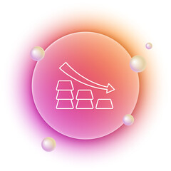 Poster - White Finance falling chart arrow with gold bars icon isolated on white background. Financial success concept. Gold investment concept. Orange and pink gradient circle background. Vector