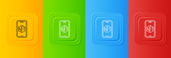 Poster - White Mobile with art store app icon isolated on colorful background. Technology of selling NFT tokens for cryptocurrency. Non fungible token. Set icons in square buttons. Vector