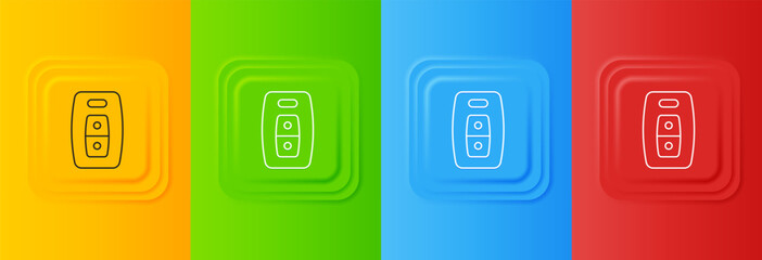 Poster - White Car key with remote icon isolated on colorful background. Car key and alarm system. Set icons in square buttons. Vector