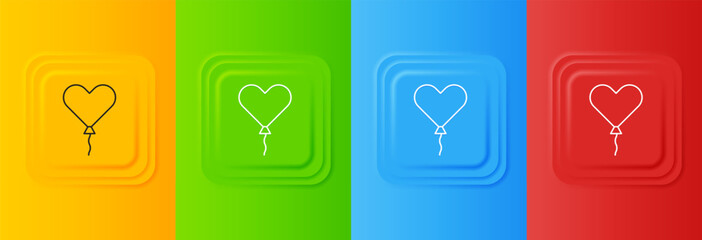 Poster - White Balloon in form of heart with ribbon icon isolated on colorful background. Valentines day. Set icons in square buttons. Vector